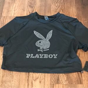 New tag Playboy ICONIC LOGO Crystal Logo Black Crop Top adult small juniors XL